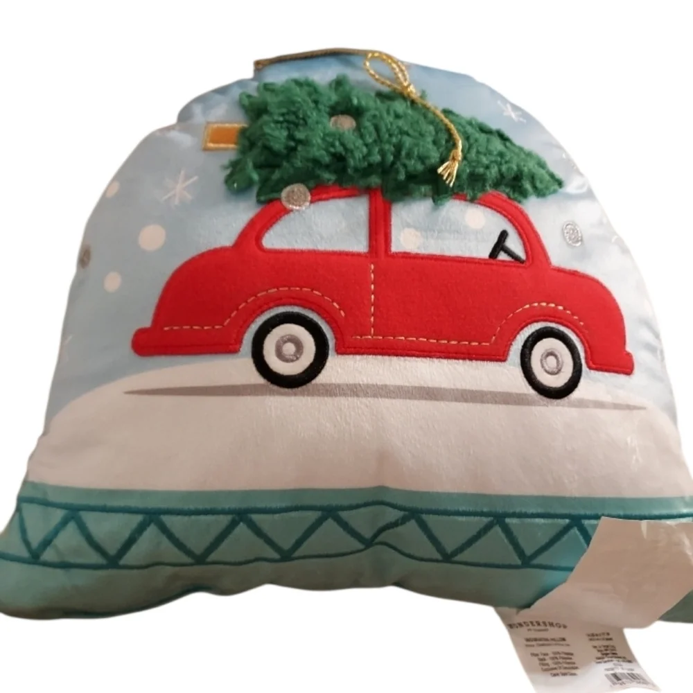 New Lot Of 2 Red Car W/ Christmas Tree Pillows in Light Blue Decor (14
